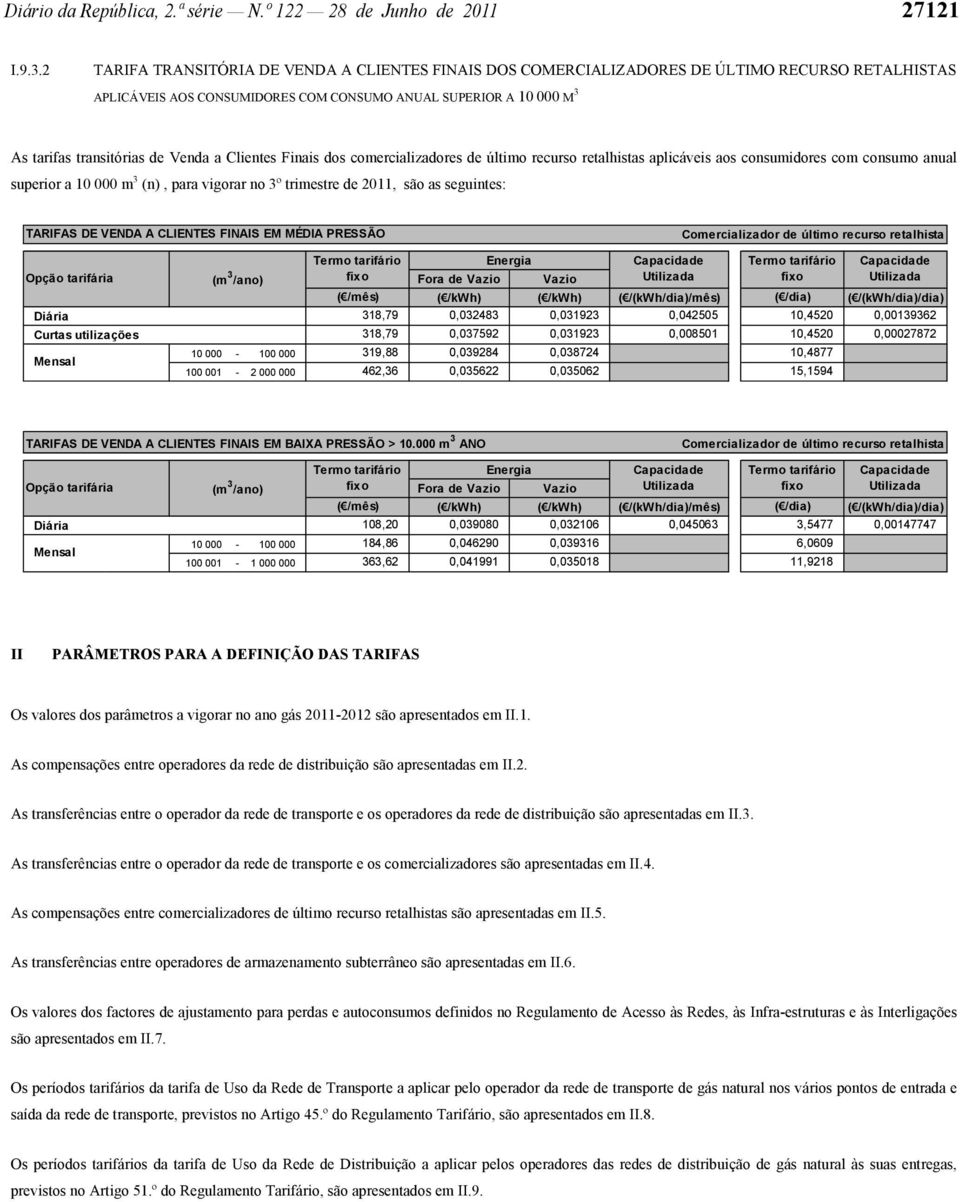 Venda a Clientes Finais dos comercializadores de último recurso retalhistas aplicáveis aos consumidores com consumo anual superior a 10 000 m 3 (n), para vigorar no 3º trimestre de 2011, são as