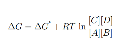 ΔG da reação depende de algumas condições: Estado padrão (ΔG ): Temperatura = 298 K Pressão = 1 atm Concentração = 1 Molar Estado Biológico Padrão (ΔG ):