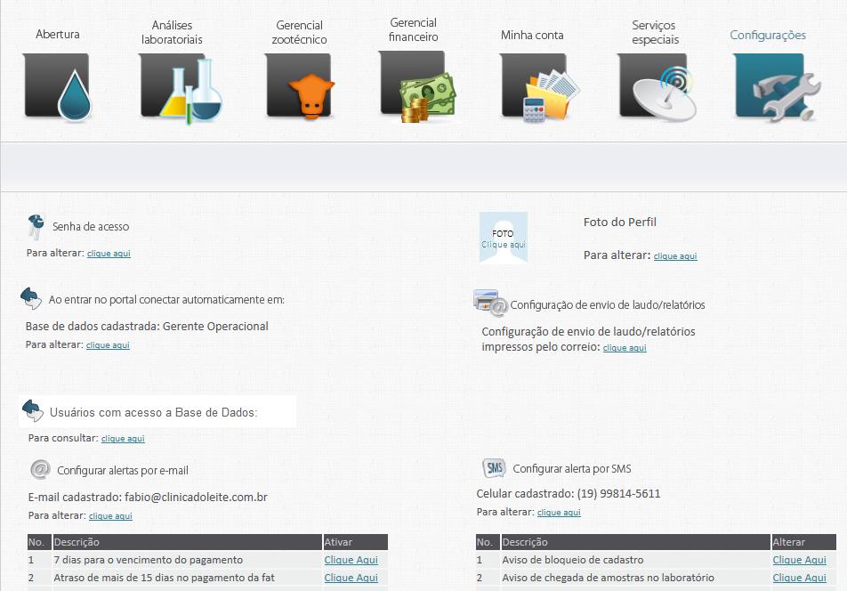 8. Módulo Configurações No módulo Configurações, é possível alterar a senha (1), alterar a base de dados cadastrada ao iniciar o acesso no Portal (2), consultar os usuários com acesso ao Portal (3)