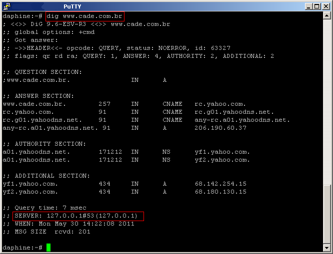 Podemos utilizar ferramentas como dig ou nslookup para realizar consultas DNS. A Figura 8 mosta a utilização do dig para realizar consultas recursivas. Figura 8. Exemplo de utilização da ferramenta dig 3.