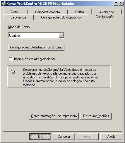 4 Operação com o Windows 2000, Windows XP e Windows Server 2003 Configurações da guia Configuração Esta seção descreve as definições da guia Configuração.