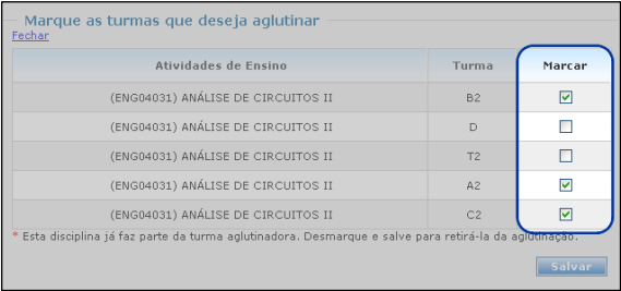 20 Ao clicar em "Criar", a nova turma aglutinadora será adicionada à lista das turmas criadas anteriormente pelo docente.