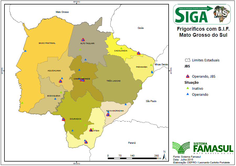 Figura 1 Distribuição dos Frigoríficos de Bovinos com Sistema de Inspeção Federal em Mato Grosso do Sul. Fonte:SFA/MS Dados do Serviço de Inspeção Federal Elaboração:DEPRO/SISTEMA FAMASUL. 4.