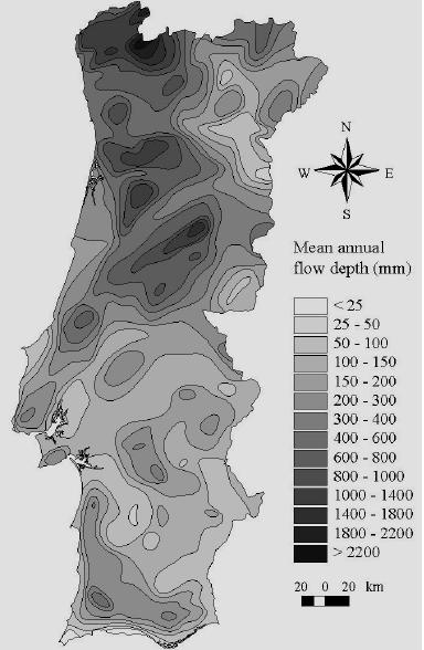 em que A é a área da bacia hidrográfica e H a altura do escoamento anual médio. Esta última é obtida através de mapas de isolinhas, figura 20.