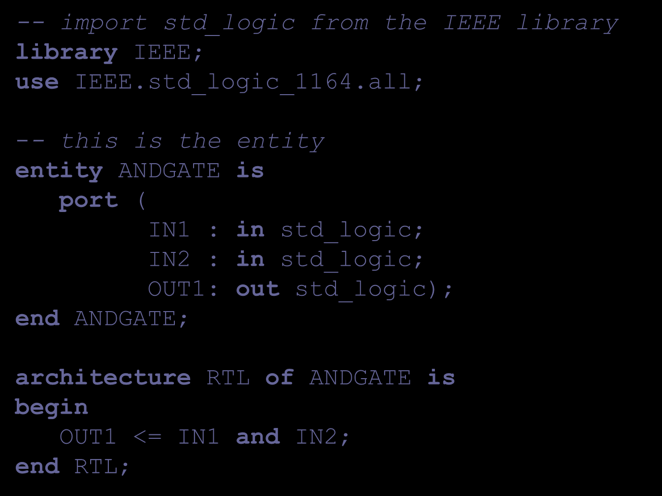 Projeto e Programação Linguagens HDL Exemplo de código VHDL -- import std_logic from the IEEE library library IEEE; use IEEE.std_logic_1164.