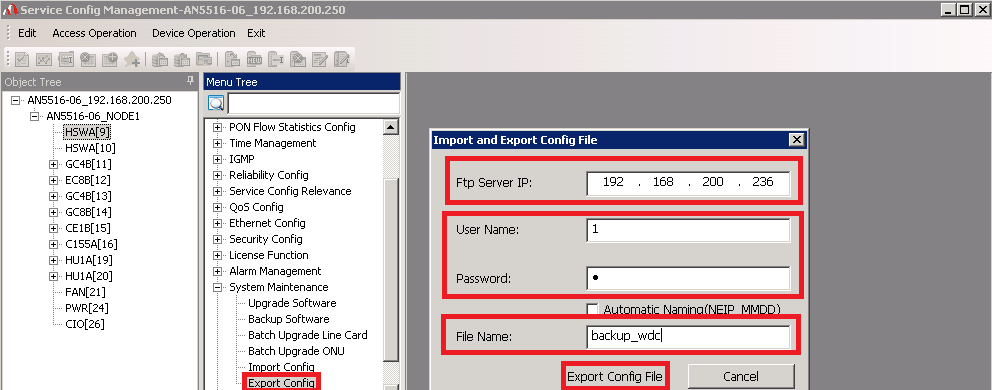 Na opção System Maintenance, em Export Config, irá abrir um pop up para colocarmos as informações do FTP Server. Obs.