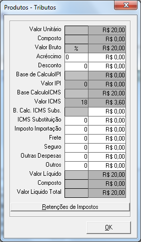 (Figura 7) Onde poderão ser preenchidos os Acréscimos e Descontos bastando apenas colocar em valores nos respectivos campos, e os impostos que incidirem sobre determinado produto são preenchidos