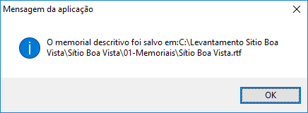 Para gerar o memorial selecione a opção Georreferenciamento / Memorial Descritivo no menu. A caixa com a prévia do memorial será mostrada. Esta caixa permite uma edição simples.