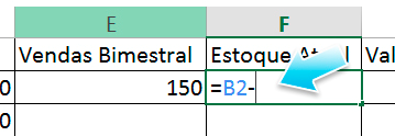 Nesta célula iremos subtrair o valor da célula B2 com o valor da célula E2 para se obter o estoque atual.