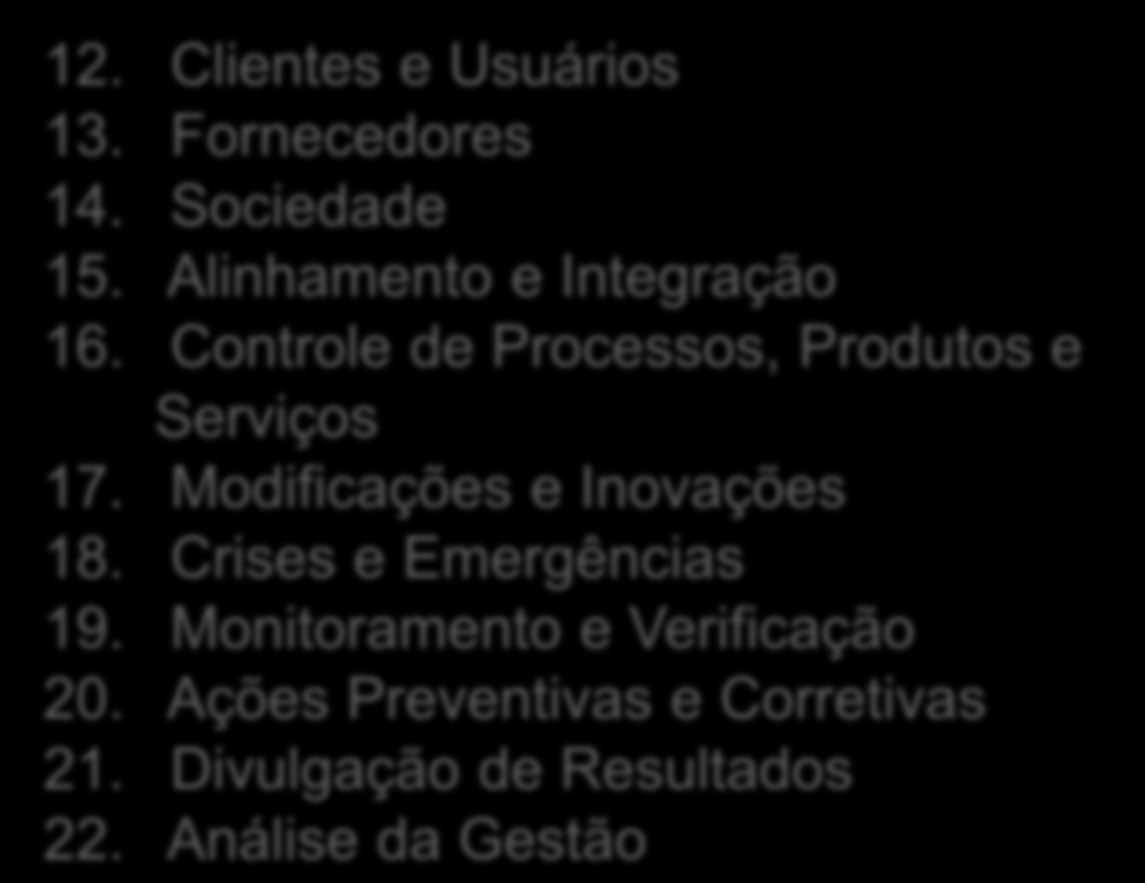 Distribuição das Diretrizes Temas 1. Visão, Missão, Valores e Política 2. Estratégia e Gestão Empresarial 3. Liderança e Compromisso 4. Aspectos, Riscos e Ocorrências Indesejadas 5.