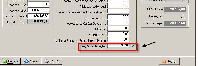 O valor calculado na tela do Lucro de Exploração será informado no campo abaixo na tela do calculo do IRPJ.