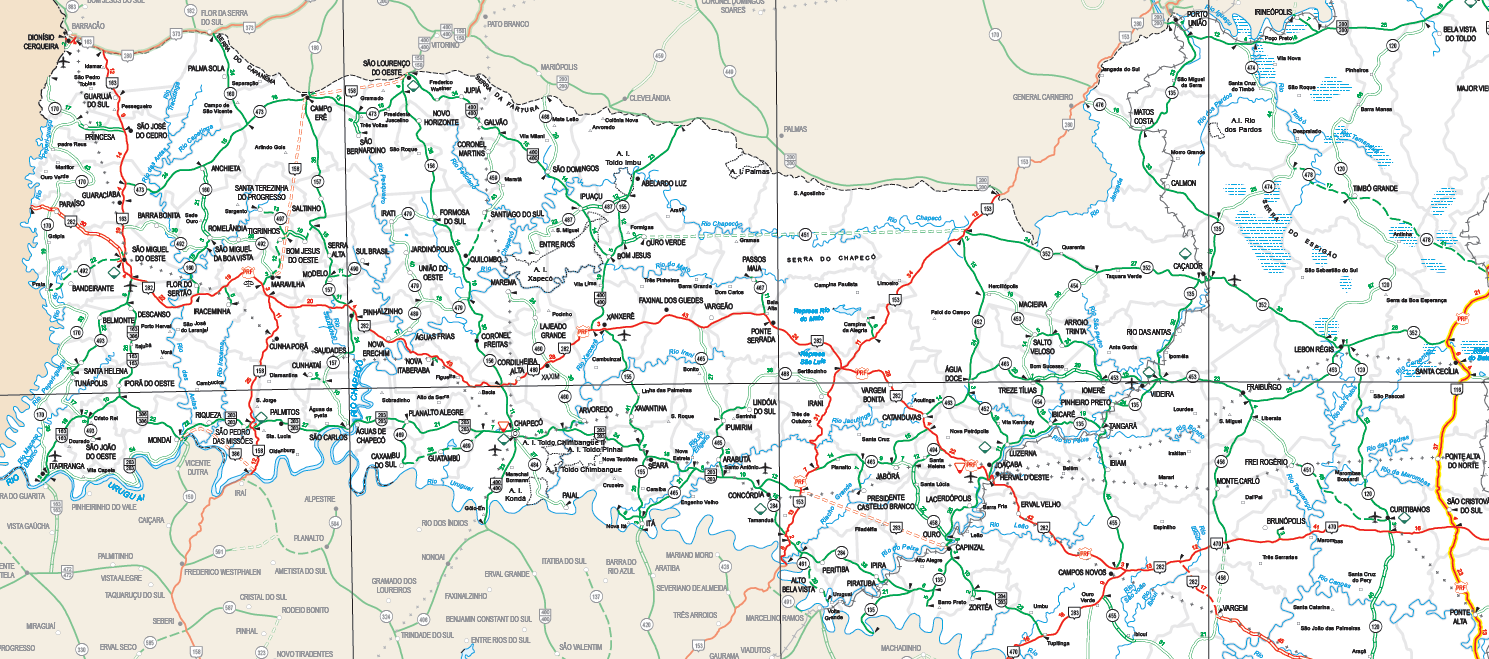 II. SÍNTESE Figura 23: Mapa rodoviário legendado Rodovia BR-163/SC Gestionar para o reinício das obras de Ampliação da Capacidade e Restauração BRs 282 e 158/SC Abrir novas frentes de trabalho de