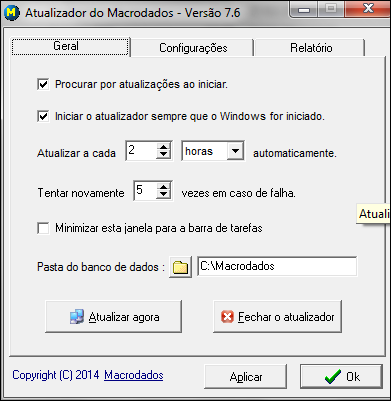 63 Dê um clique duplo no ícone do atualizador para abrir sua janela principal, mostrada na figura abaixo : A guia Geral apresenta as opções de automação do atualizador.