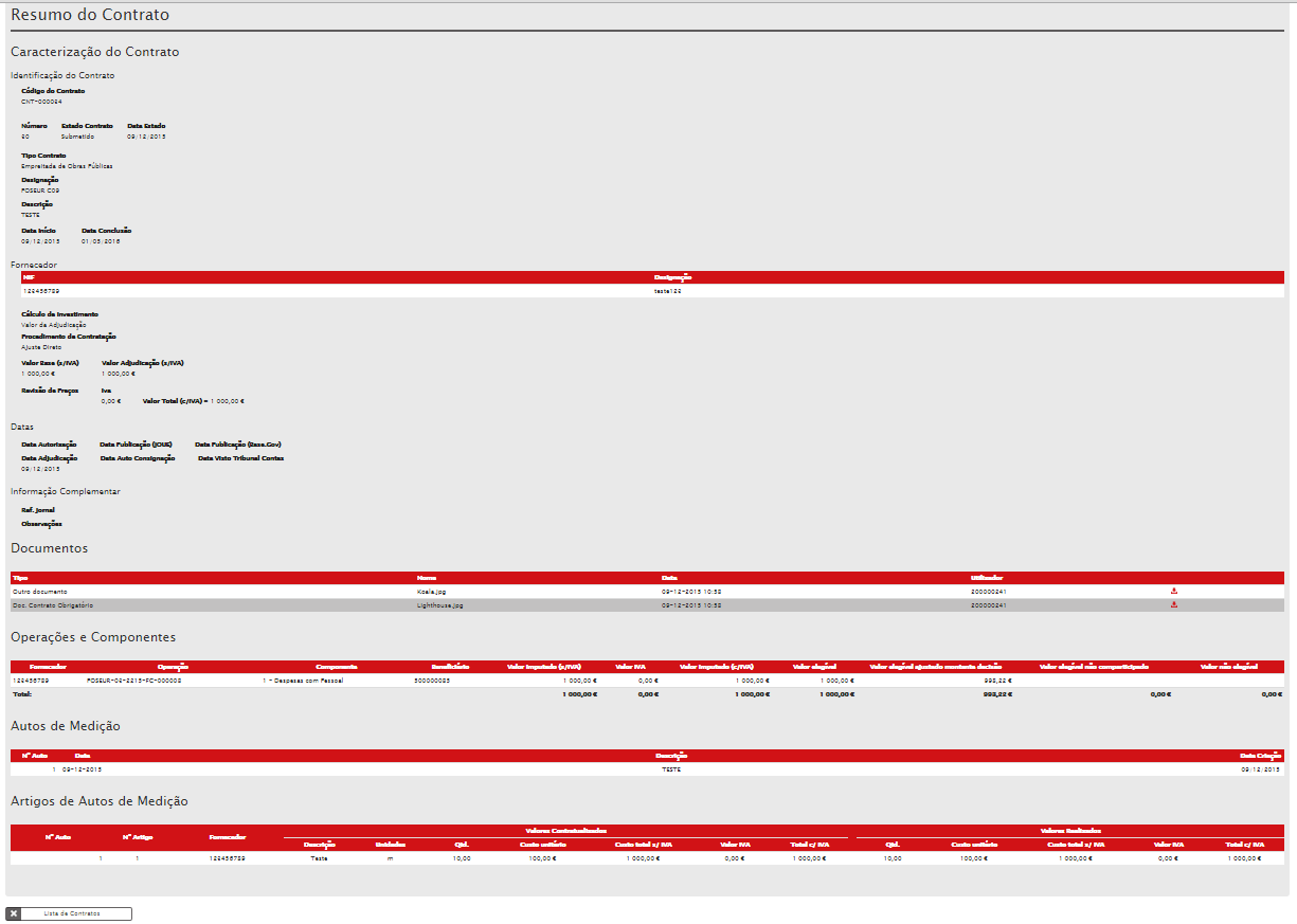 É possível ainda aqui gerar um documento comprovativo da submissão do Contrato que apresentará novamente um Resumo do Contrato submetido.