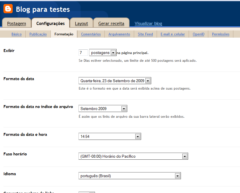 Na aba Configurações Formatação é importante assinalar o fuso horário correto.