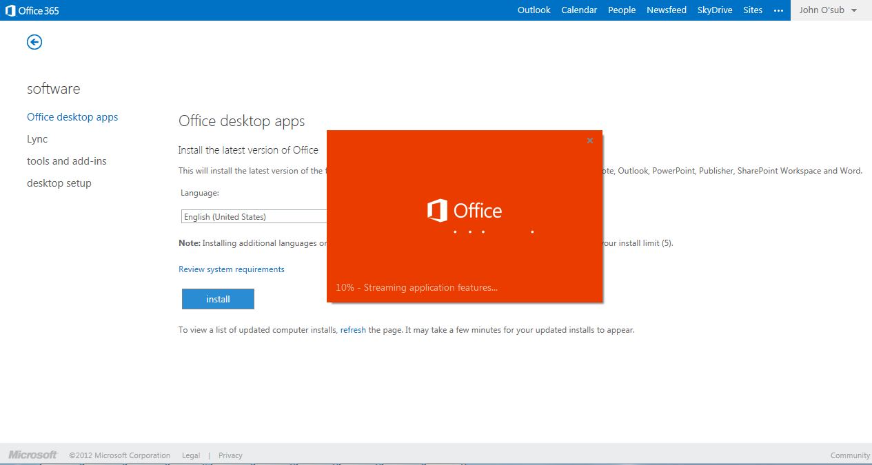 Faça log-in no Office 365 de um navegador para atualizar seu perfil de usuário e instalar a última versão dos aplicativos Office