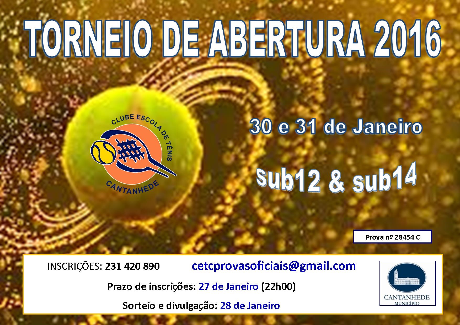 30 e 31 de janeiro de 2016 TORNEIO DE ABERTURA 2016 PRESS RELEASE No fim de semana de 30 e 31 de janeiro, o Clube Escola de Ténis de Cantanhede organizou o Torneio de Abertura 2016, prova inscrita no