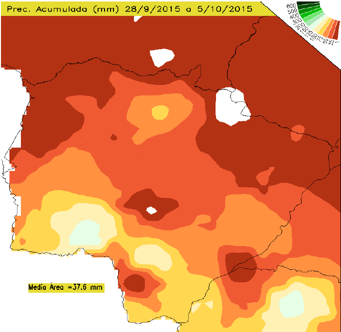 Precipitação Pluviométrica Acumulada para o Mato Grosso do Sul Entre os dias 28 de setembro a 05 de outubro de 2015, verifica-se, na figura 1, que ocorreram precipitações em todo estado, atingindo de