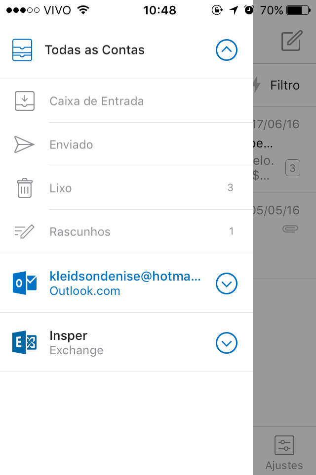 Abra o App do Outlook e clique no menu como na imagem abaixo Alterne