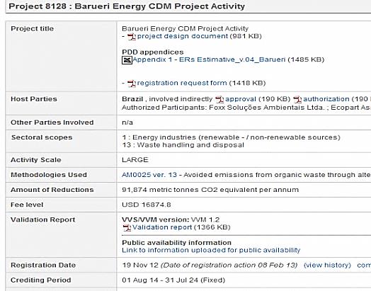 Emissão da Licença Prévia pela CETESB - dezembro/2012. Registro no Mecanismo de Desenvolvimento Limpo (UNFCCC) - fevereiro/2013.