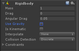 3. Defina na caixa de seleção do Rigidbody a opção gravidade para falso.