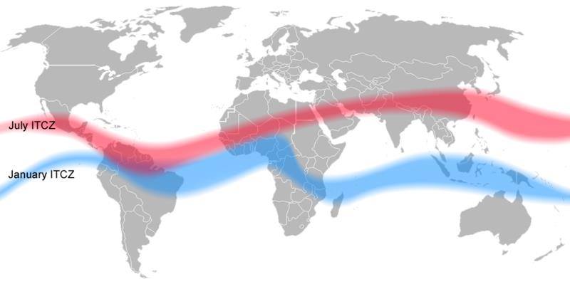 Posição na superfície da ZCIT em julho e janeiro. Fonte: http://commons.wikimedia.org/wiki/image:itcz_january-july.