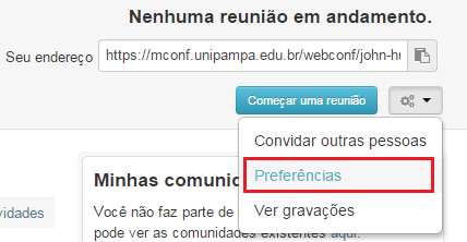 5 Salas e reuniões No Mconf, cada usuário possui uma sala pessoal, que pode ser acessada através de sua página inicial. Para acessá-la sala, clique em Começar uma reunião (Figura 11).