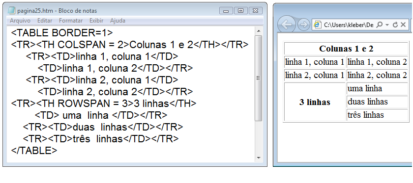 HTML Página 44 Títulos compreendendo mais de uma coluna ou linha Atributos COLSPAN e ROWSPAN É possível englobar colunas e linhas, através dos atributos COLSPAN (para colunas) e