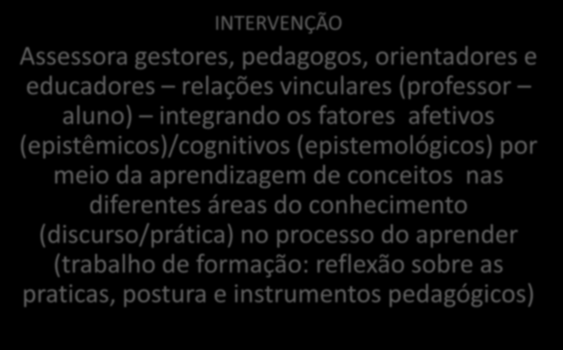 PSICOPEDAGOGIA TERAPEUTA NA IE INTERVENÇÃO Assessora gestores, pedagogos, orientadores e educadores relações vinculares (professor aluno) integrando os fatores afetivos (epistêmicos)/cognitivos