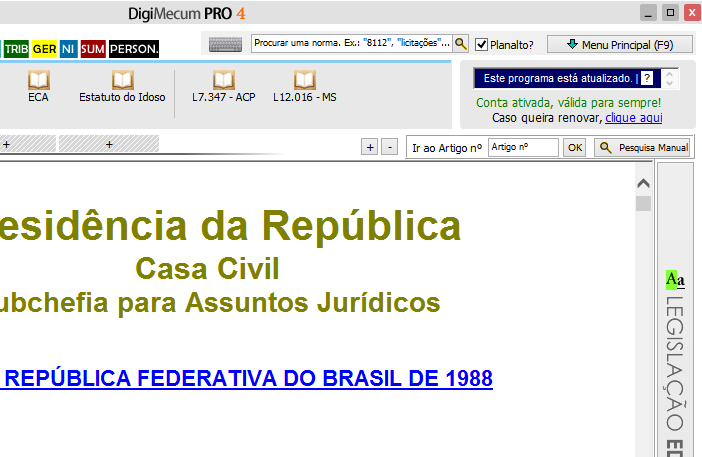 1.2 Pesquisa por Artigos Quando abrir uma norma, você poderá ir diretamente para um artigo desejado. Para isso, clique no campo "Ir ao Art. No" e especifique o número do artigo desejado (ex.