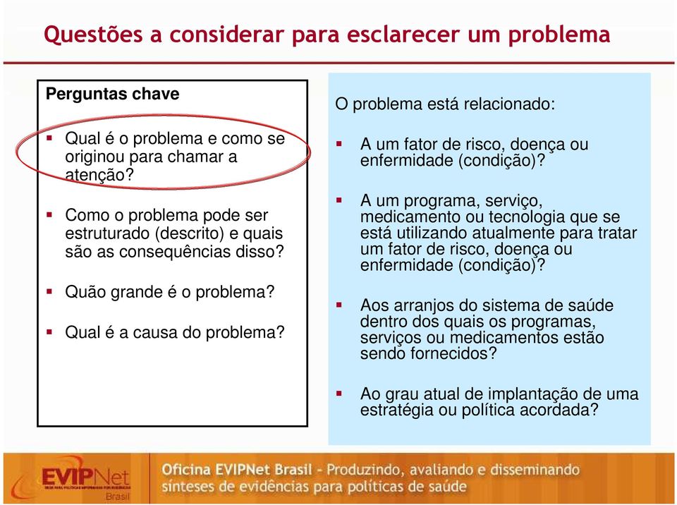 O problema está relacionado: A um fator de risco, doença ou enfermidade (condição)?