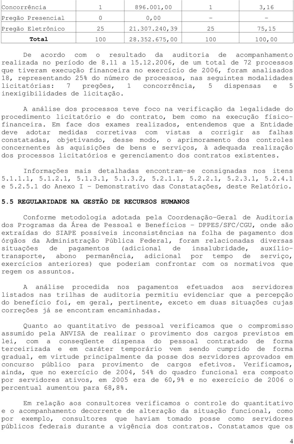 2006, de um total de 72 processos que tiveram execução financeira no exercício de 2006, foram analisados 18, representando 25% do número de processos, nas seguintes modalidades licitatórias: 7