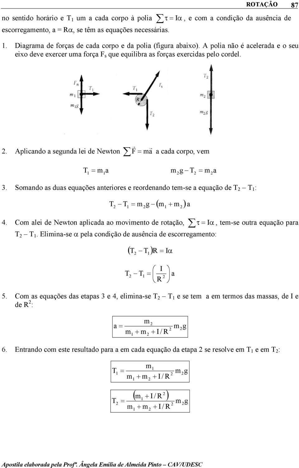 Somando as duas equações anterores e reordenando tem-se a equação de T T 1 : T m g ( m m )a T 1 1 + 4. Com ale de Newton aplcada ao movmento de rotação, τ I α, tem-se outra equação para T T 1.