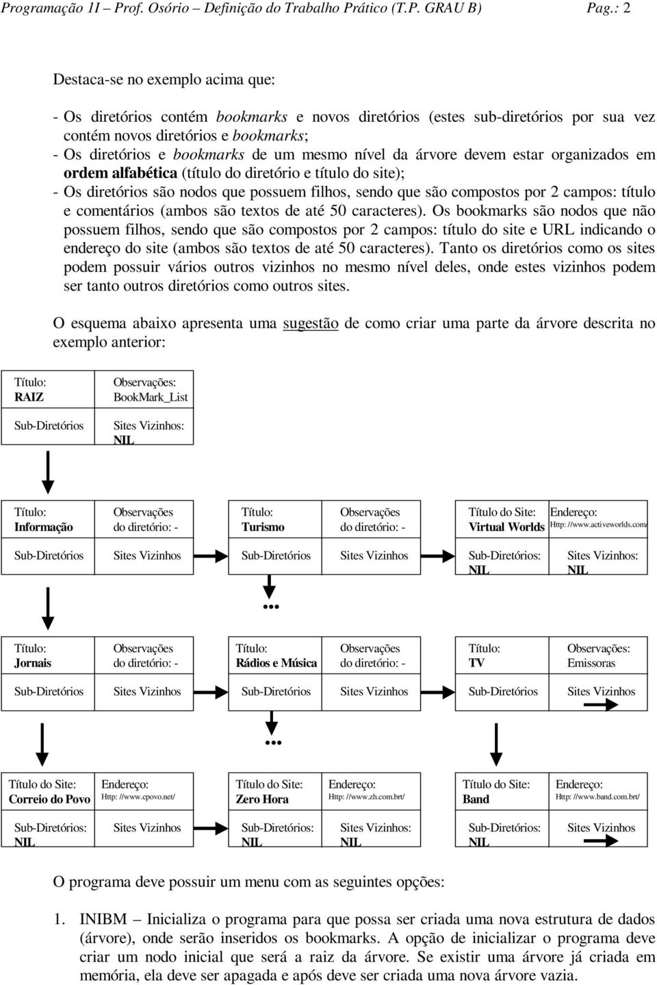 nível da árvore devem estar organizados em ordem alfabética (título do diretório e título do site); - Os diretórios são nodos que possuem filhos, sendo que são compostos por 2 campos: título e