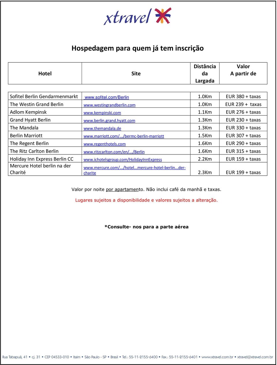 3Km EUR 330 + taxas Berlin Marriott www.marriott.com/.../bermc-berlin-marriott 1.5Km EUR 307 + taxas The Regent Berlin www.regenthotels.com 1.6Km EUR 290 + taxas The Ritz Carlton Berlin www.