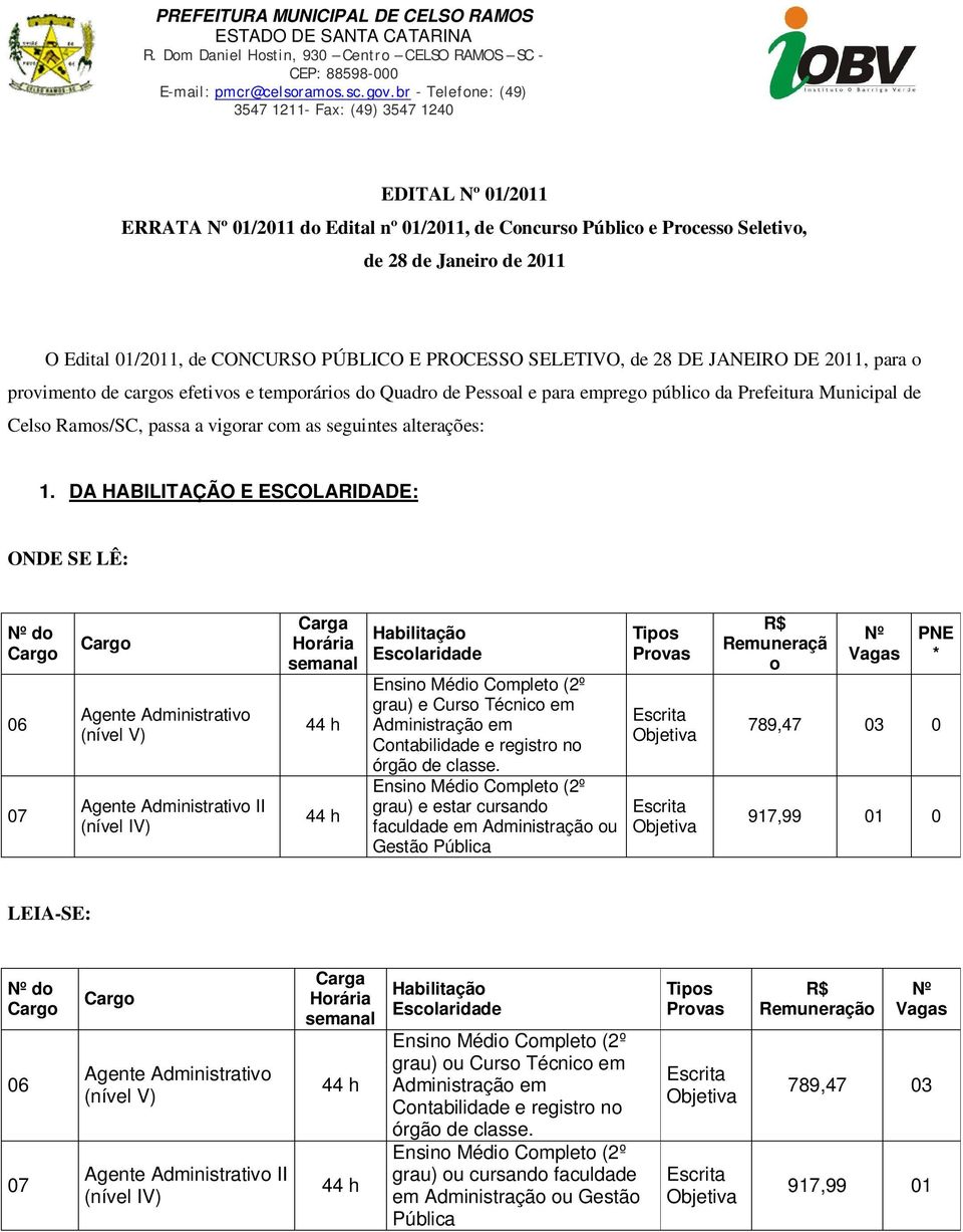 PÚBLICO E PROCESSO SELETIVO, de 28 DE JANEIRO DE 2011, para o provimento de cargos efetivos e temporários do Quadro de Pessoal e para emprego público da Prefeitura Municipal de Celso Ramos/SC, passa