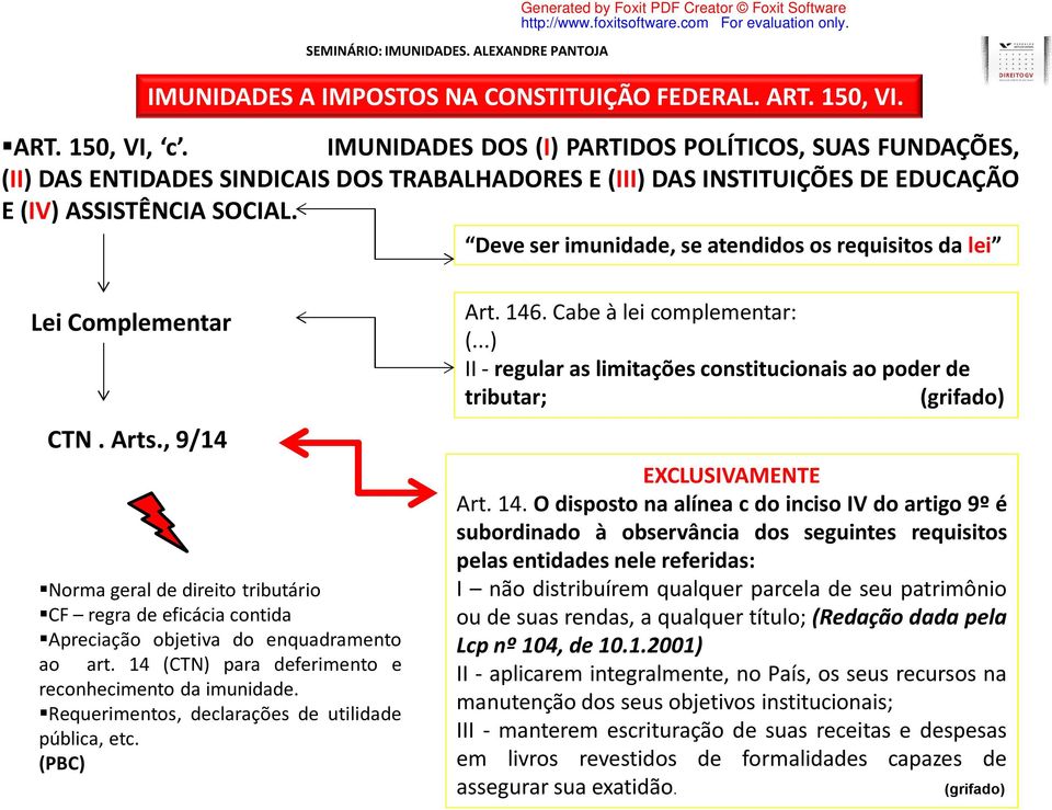 14 (CTN) para deferimento e reconhecimento da imunidade. Requerimentos, declarações de utilidade pública, etc. (PBC) Art. 146. Cabe à lei complementar: (.