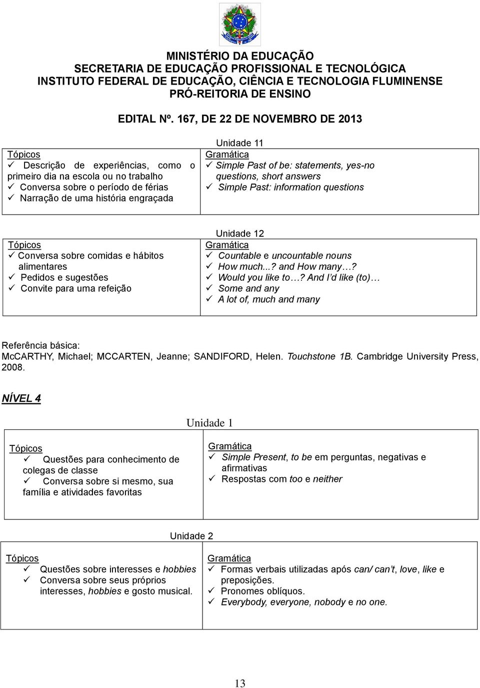 much...? and How many? Would you like to? And I d like (to) Some and any A lot of, much and many Referência básica: McCARTHY, Michael; MCCARTEN, Jeanne; SANDIFORD, Helen. Touchstone 1B.