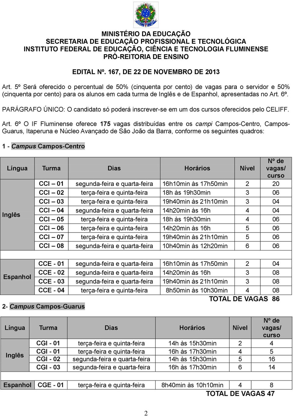 6º O IF Fluminense oferece 175 vagas distribuídas entre os campi Campos-Centro, Campos- Guarus, Itaperuna e Núcleo Avançado de São João da Barra, conforme os seguintes quadros: 1 - Campus