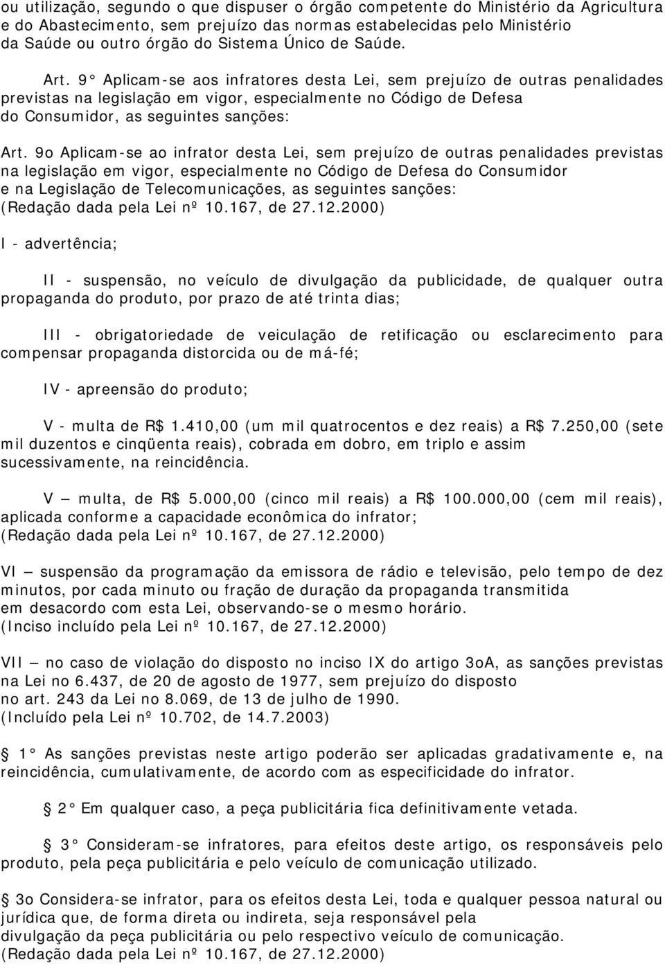 9 Aplicam-se aos infratores desta Lei, sem prejuízo de outras penalidades previstas na legislação em vigor, especialmente no Código de Defesa do Consumidor, as seguintes sanções: Art.