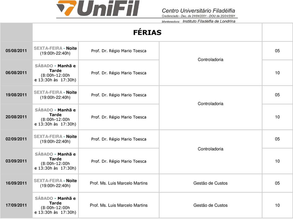 Controladoria 10 16/09/2011 Prof. Ms.