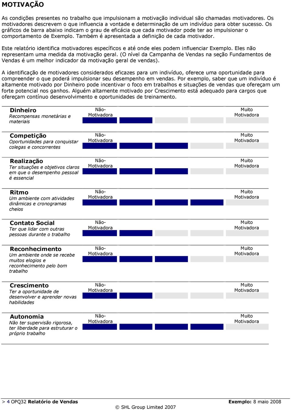 Os gráficos de barra abaixo indicam o grau de eficácia que cada motivador pode ter ao impulsionar o comportamento de Exemplo. Também é apresentada a definição de cada motivador.