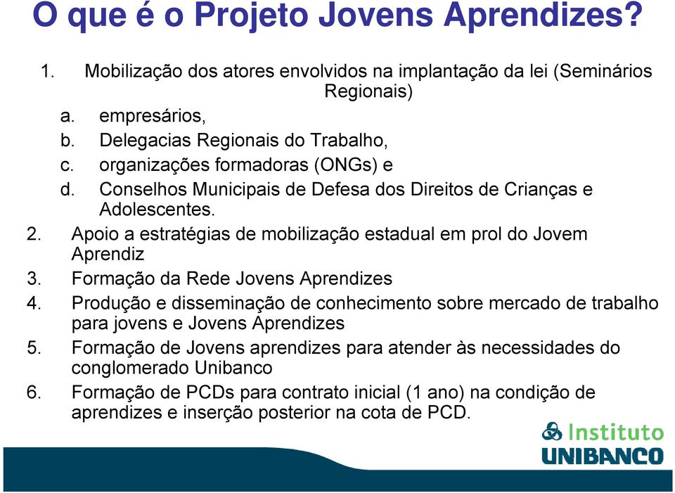 Apoio a estratégias de mobilização estadual em prol do Jovem Aprendiz 3. Formação da Rede Jovens Aprendizes 4.