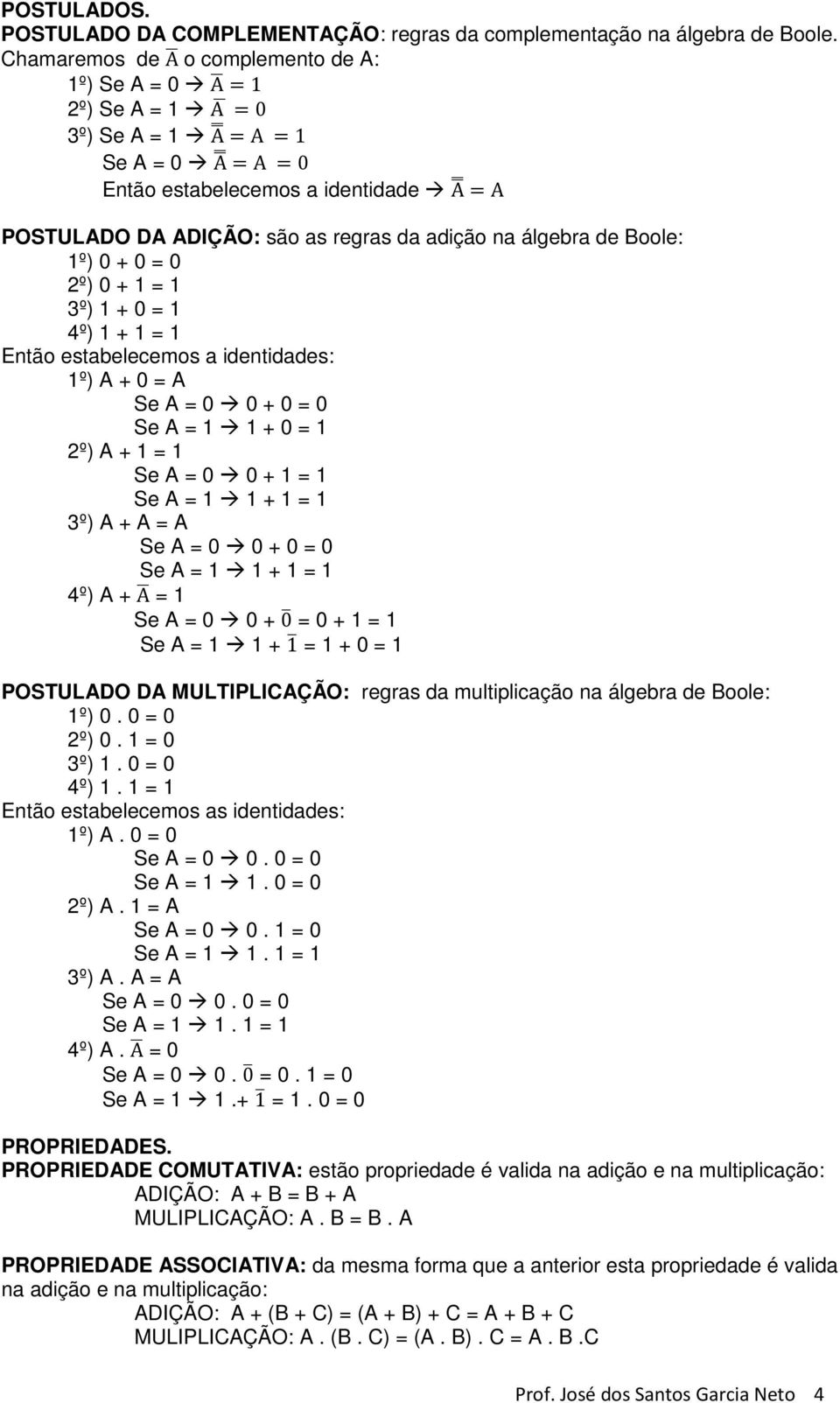 Boole: 1º) 0 + 0 = 0 2º) 0 + 1 = 1 3º) 1 + 0 = 1 4º) 1 + 1 = 1 Então estabelecemos a identidades: 1º) A + 0 = A Se A = 0 0 + 0 = 0 Se A = 1 1 + 0 = 1 2º) A + 1 = 1 Se A = 0 0 + 1 = 1 Se A = 1 1 + 1 =