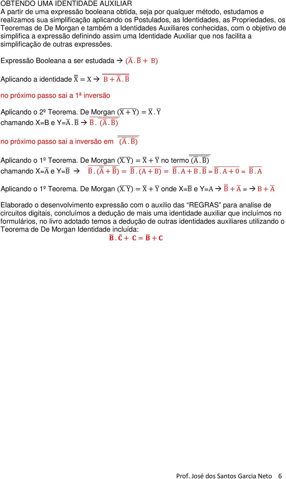 expressões. Expressão Booleana a ser estudada A.B B Aplicando a identidade X X B A.B no próximo passo sai a 1ª inversão Aplicando o 2º Teorema. De Morgan X Y X.Y chamando X=B e Y=A.B B. A.B no próximo passo sai a inversão em A.