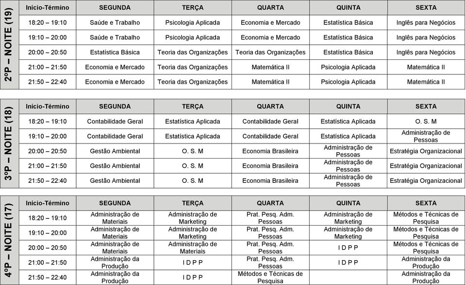 das Organizações Matemática II Psicologia Aplicada Matemática II 21:50 22:40 Economia e Mercado Teoria das Organizações Matemática II Psicologia Aplicada Matemática II 3ºP NOITE (18) 4ºP NOITE (17)