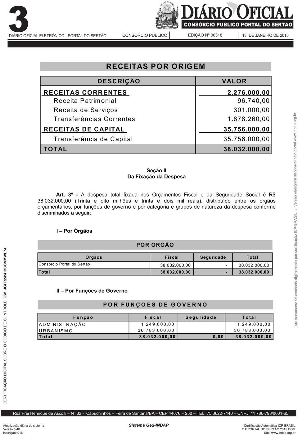 3º - A despesa total fixada nos Orçamentos Fiscal e da Seguridade Social é R$ 38.032.
