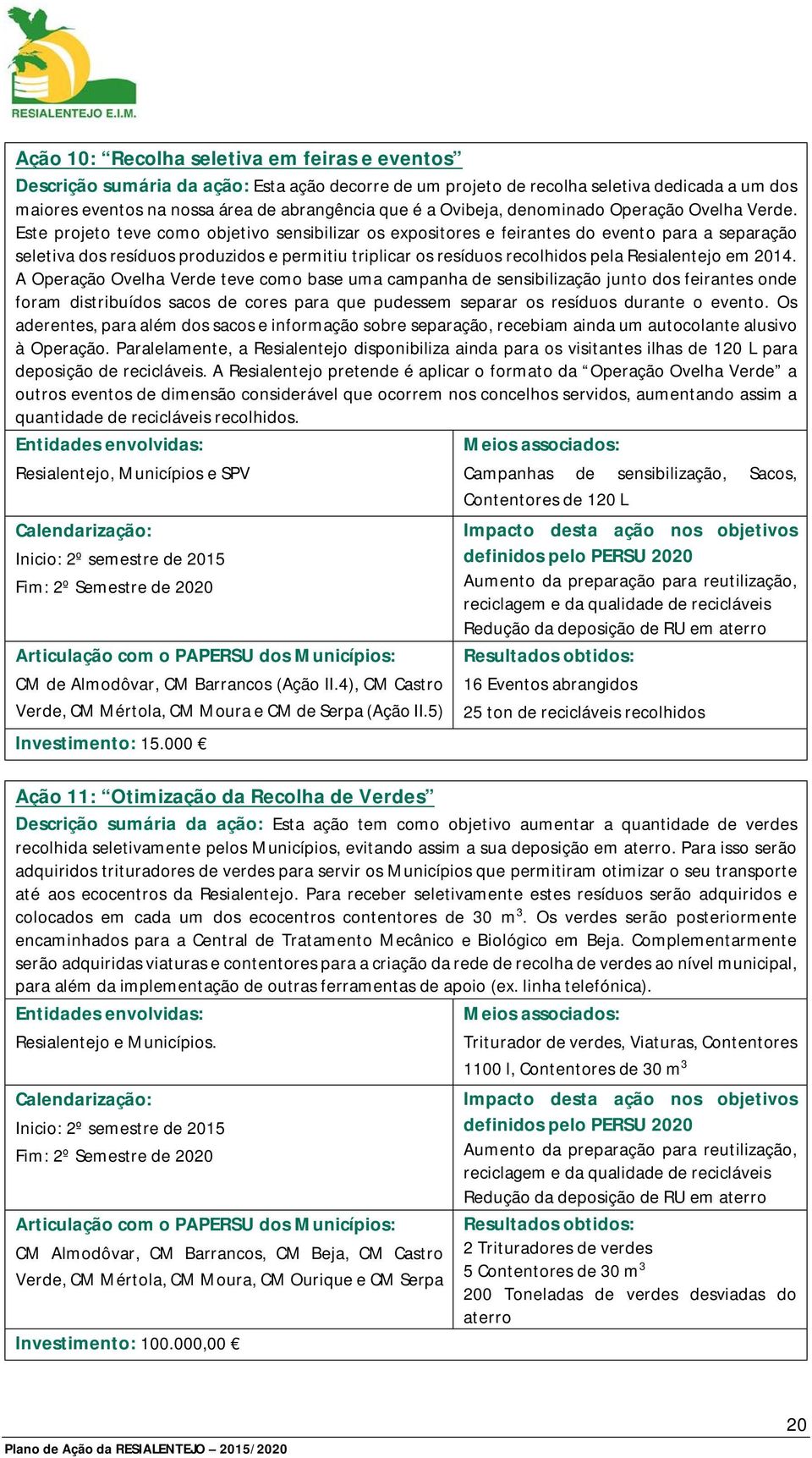 Este projeto teve como objetivo sensibilizar os expositores e feirantes do evento para a separação seletiva dos resíduos produzidos e permitiu triplicar os resíduos recolhidos pela Resialentejo em