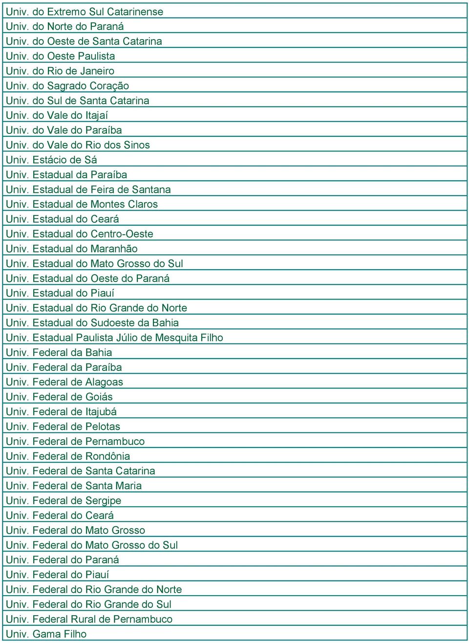 Estadual do Ceará Univ. Estadual do Centro-Oeste Univ. Estadual do Maranhão Univ. Estadual do Mato Grosso do Sul Univ. Estadual do Oeste do Paraná Univ. Estadual do Piauí Univ.