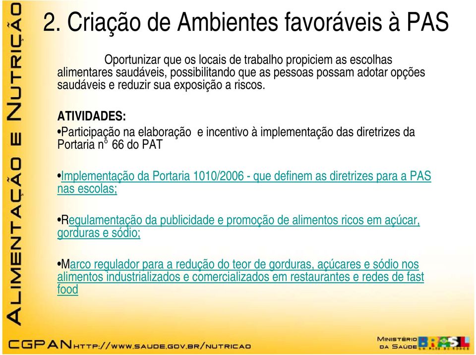 ATIVIDADES: Participação na elaboração e incentivo à implementação das diretrizes da Portaria n 66 do PAT Implementação da Portaria 1010/2006 - que definem as